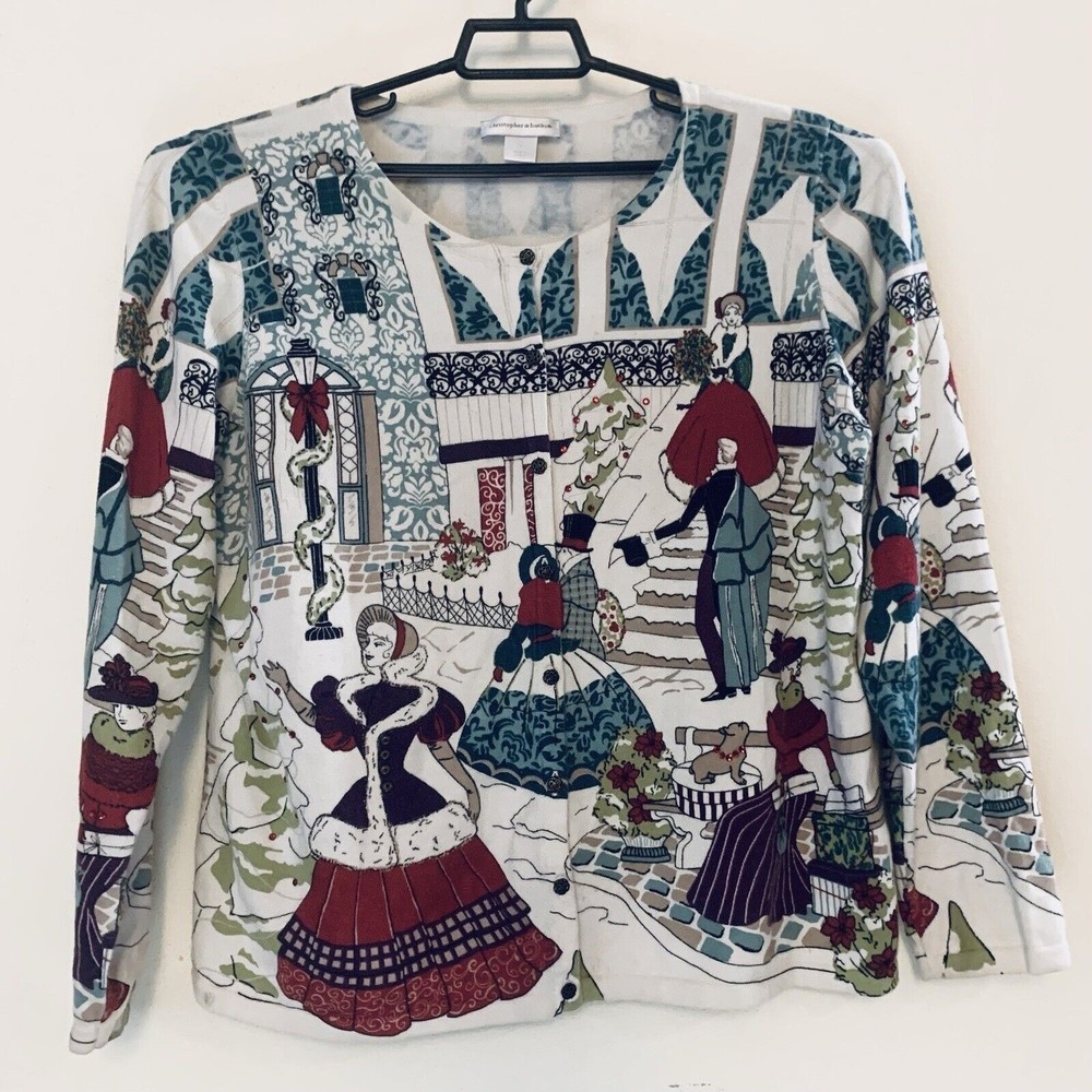 Womens Christmas Cardigan Sweater Size XL Rhinestones Christopher and Banks GUC